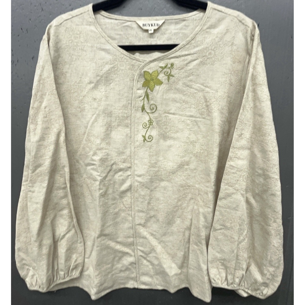 Buykud Top XL Beige Cotton Linen Embroidered Pullover Lagenlook Boho Peasant